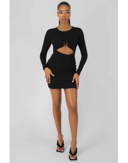 Bull Ring Detail Long Sleeve Mini Dress Black
