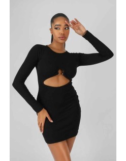 Bull Ring Detail Long Sleeve Mini Dress Black