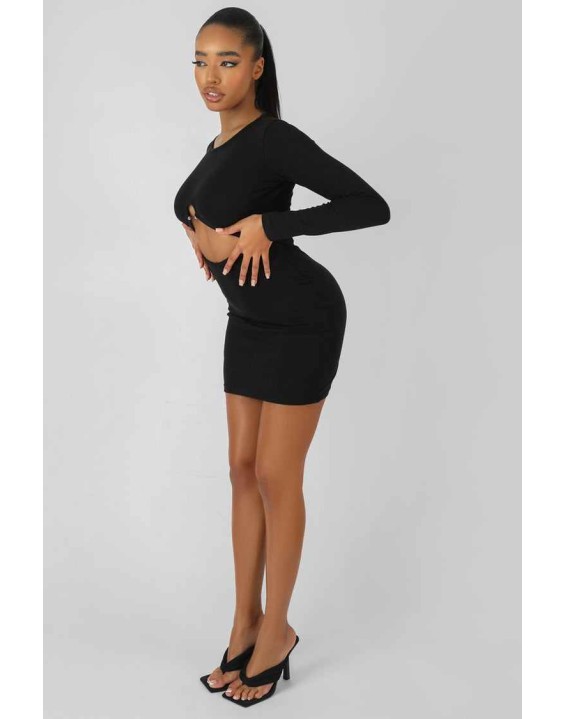 Bull Ring Detail Long Sleeve Mini Dress Black