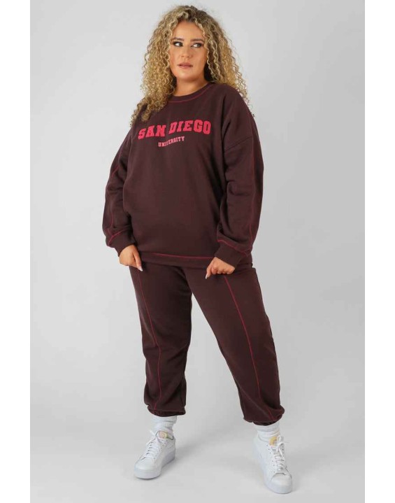 Curve Contrast Stitch 90'S Joggers Aubergine