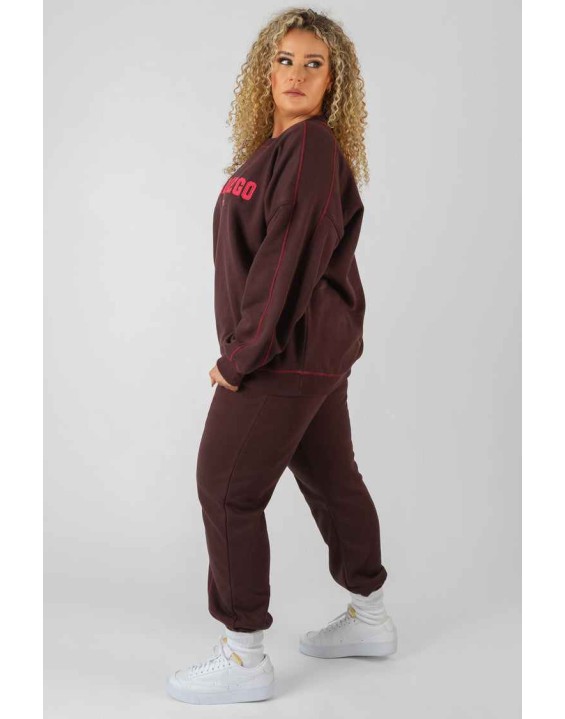 Curve Contrast Stitch 90'S Joggers Aubergine