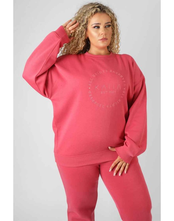 Curve Tonal Embroidery Sweatshirt Coral