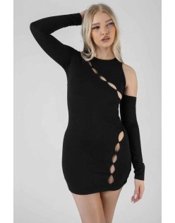 Asymmetric Button Detail Mini Dress Black