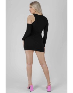 Asymmetric Button Detail Mini Dress Black