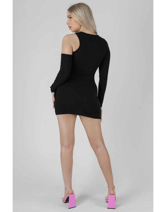 Asymmetric Button Detail Mini Dress Black