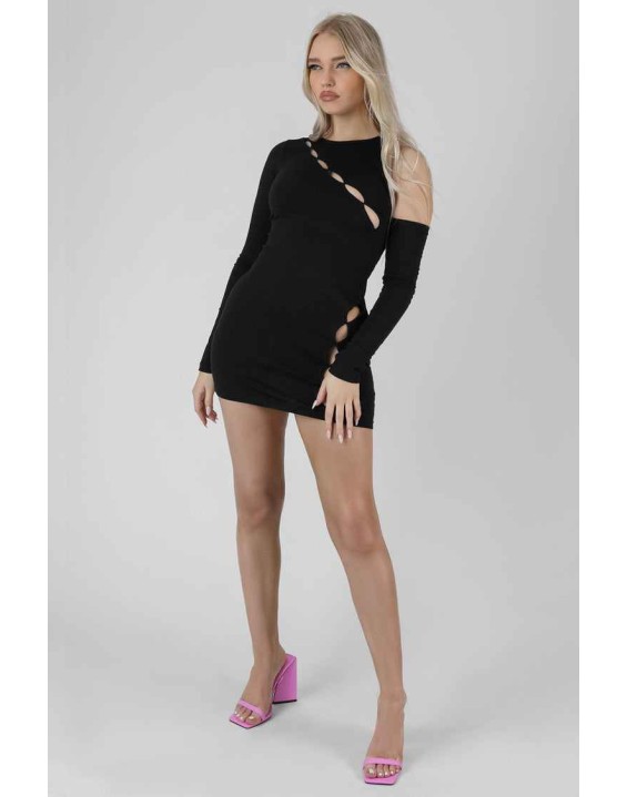 Asymmetric Button Detail Mini Dress Black