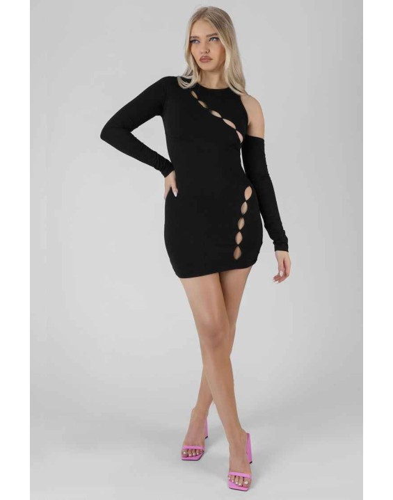 Asymmetric Button Detail Mini Dress Black