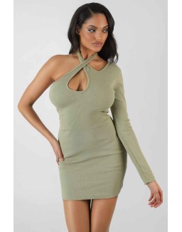 One Sleeve Cross Strap Asymmetric Mini Dress Sage