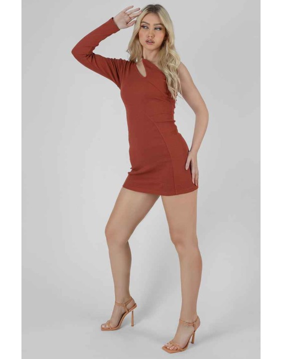 One Shoulder Button Sleeve Mini Dress