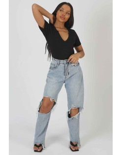 Knotch Front Short Sleeve Ribbed Bodysuit Black