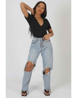 Knotch Front Short Sleeve Ribbed Bodysuit Black