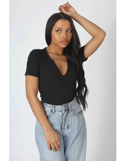 Knotch Front Short Sleeve Ribbed Bodysuit Black