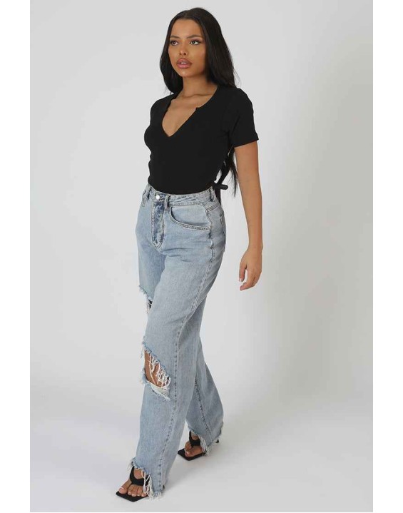 Knotch Front Short Sleeve Ribbed Bodysuit Black