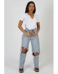 Knotch Front Short Sleeve Ribbed Bodysuit White