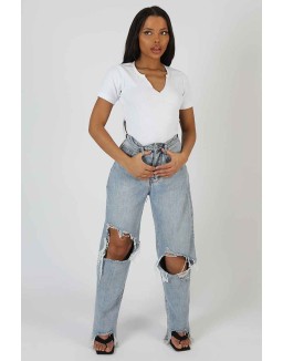 Knotch Front Short Sleeve Ribbed Bodysuit White