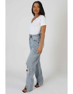 Knotch Front Short Sleeve Ribbed Bodysuit White