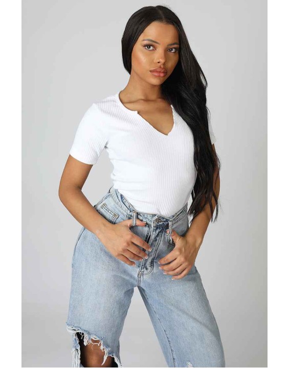 Knotch Front Short Sleeve Ribbed Bodysuit White