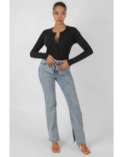 Front Button Long Sleeve Ribbed Bodysuit Black