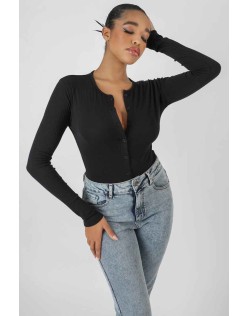 Front Button Long Sleeve Ribbed Bodysuit Black