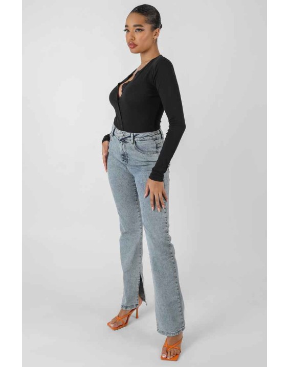 Front Button Long Sleeve Ribbed Bodysuit Black