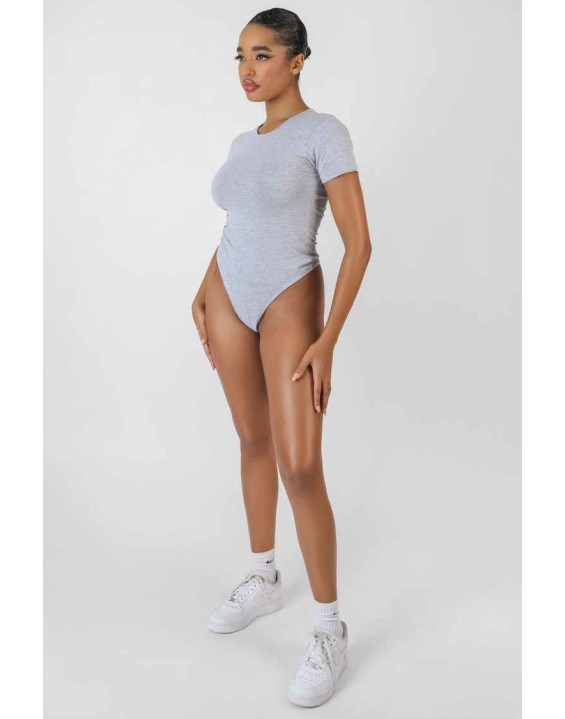 Crew Neck Cap Sleeve Tshirt Bodysuit Grey Marl