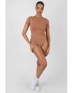 Crew Neck Cap Sleeve Tshirt Bodysuit Camel