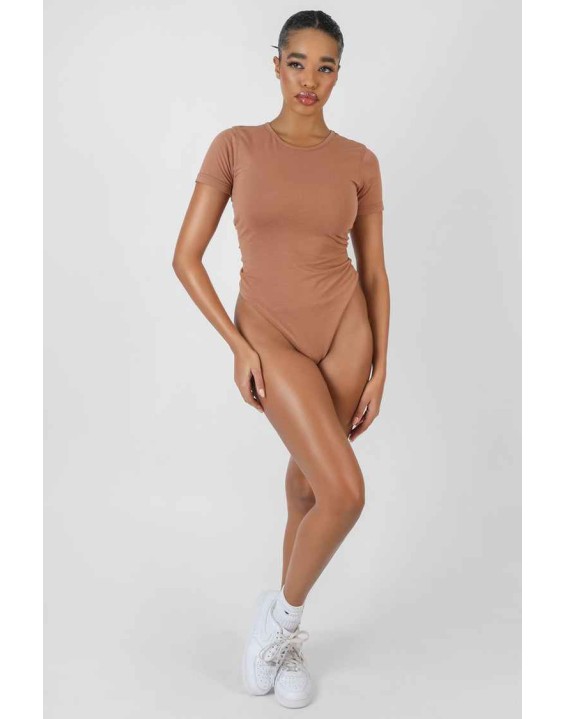 Crew Neck Cap Sleeve Tshirt Bodysuit Camel