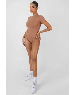 Crew Neck Cap Sleeve Tshirt Bodysuit Camel
