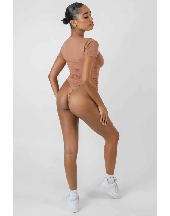 Crew Neck Cap Sleeve Tshirt Bodysuit Camel