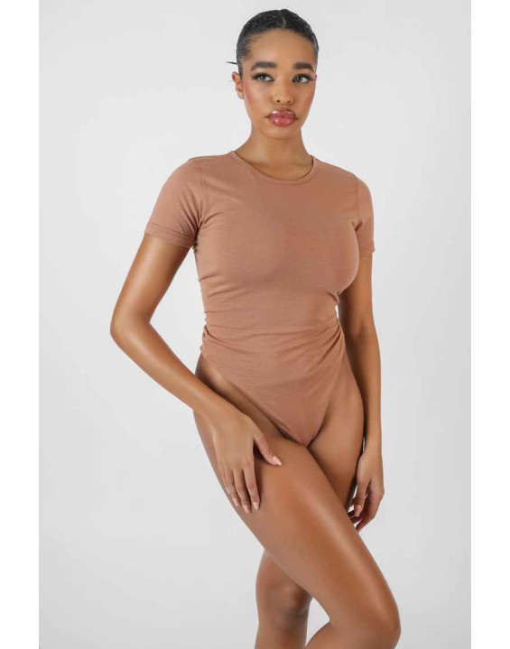 Crew Neck Cap Sleeve Tshirt Bodysuit Camel