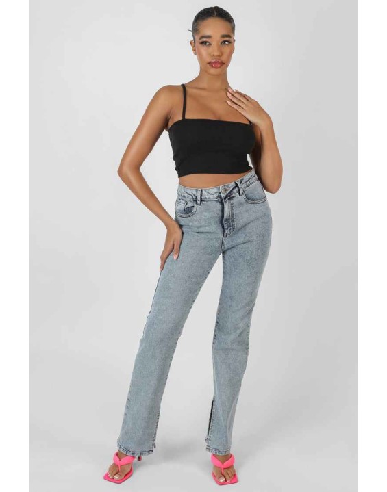 Square Neck Ribbed Cropped Top Black