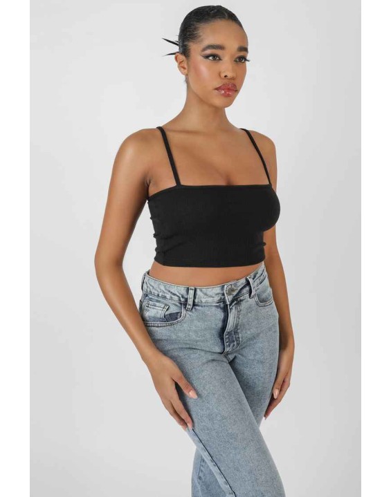 Square Neck Ribbed Cropped Top Black