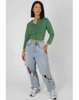 Button Front Long Sleeve Crop Top Khaki