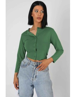 Button Front Long Sleeve Crop Top Khaki