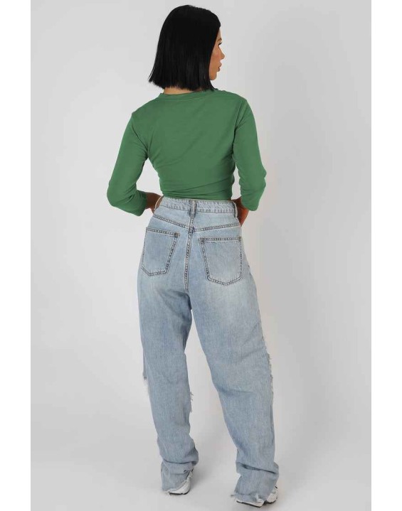 Button Front Long Sleeve Crop Top Khaki