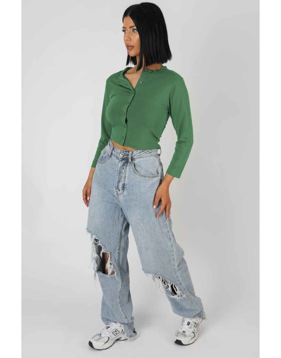 Button Front Long Sleeve Crop Top Khaki