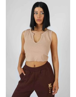 V Neck Sleeveless Ribbed Crop Top Camel