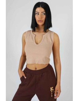 V Neck Sleeveless Ribbed Crop Top Camel