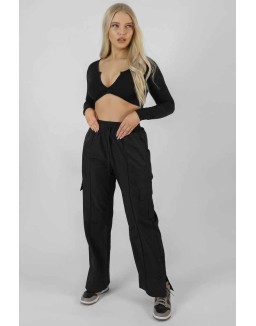 Twist Front Long Sleeve Crop Top Black