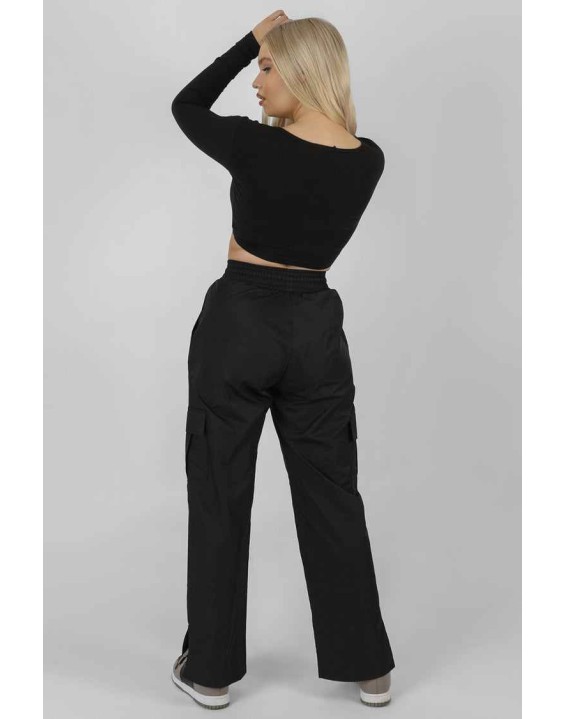 Twist Front Long Sleeve Crop Top Black