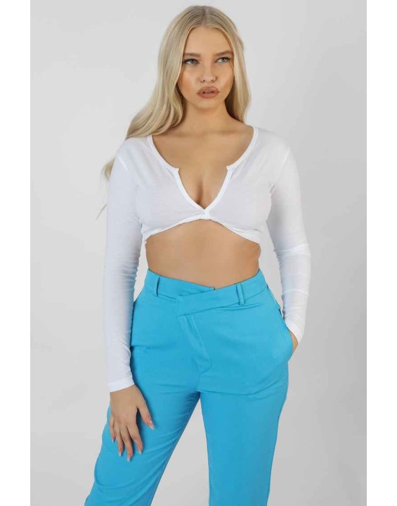 Twist Front Long Sleeve Crop Top White