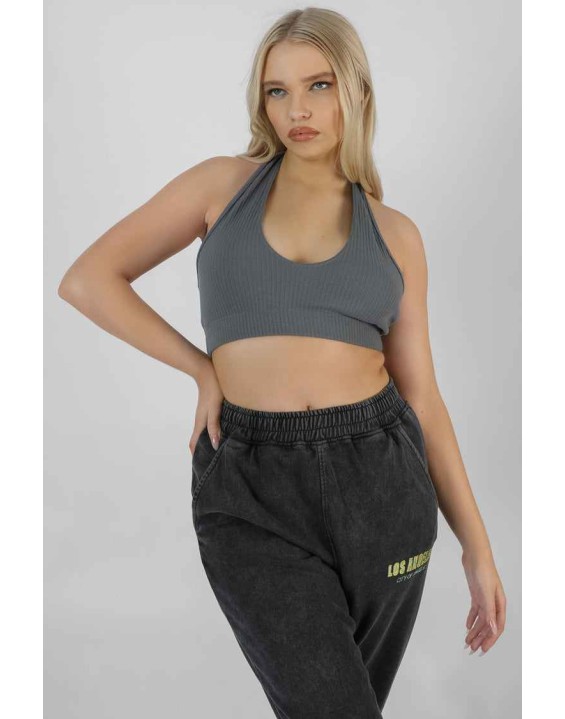Super Cropped Halter Neck Ribbed Crop Top Dark Grey
