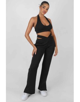 Super Cropped Halter Neck Ribbed Crop Top Black