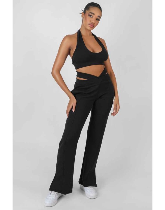 Super Cropped Halter Neck Ribbed Crop Top Black
