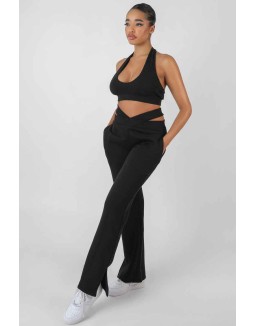 Super Cropped Halter Neck Ribbed Crop Top Black