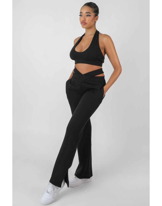 Super Cropped Halter Neck Ribbed Crop Top Black