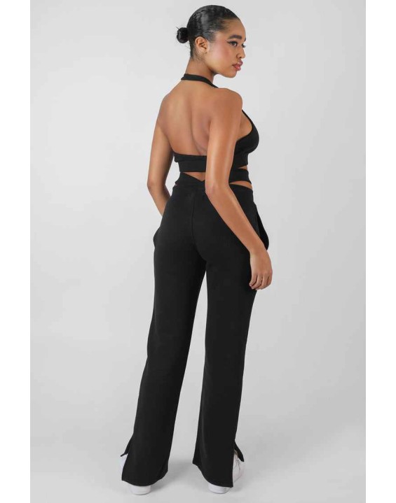 Super Cropped Halter Neck Ribbed Crop Top Black