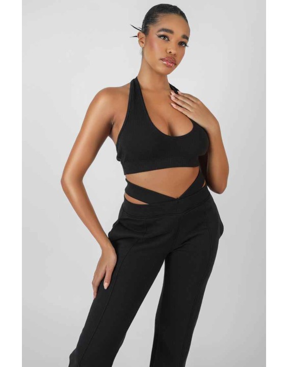 Super Cropped Halter Neck Ribbed Crop Top Black