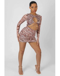 Printed Mesh Cut Out Ruched Mini Dress Brown
