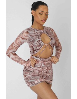 Printed Mesh Cut Out Ruched Mini Dress Brown